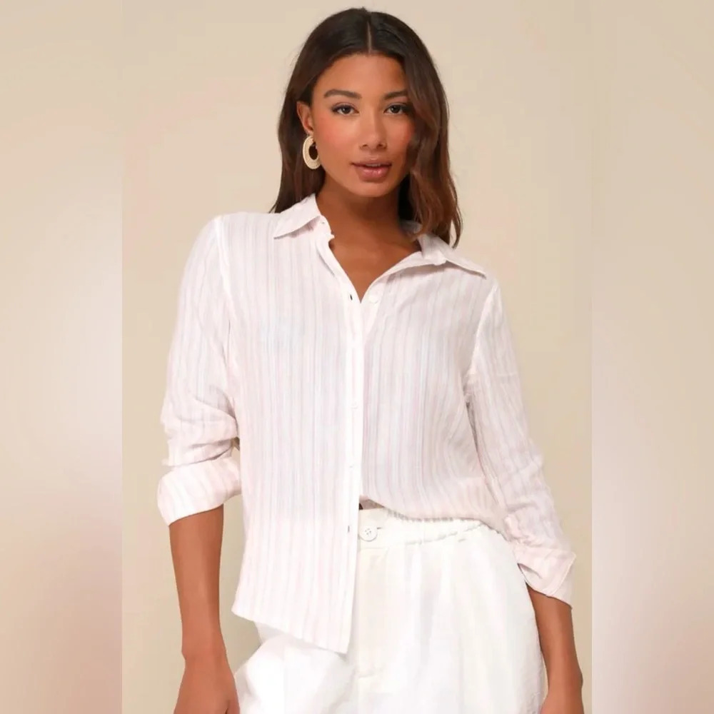 Lulus White And Pink Striped Button Up Top Large